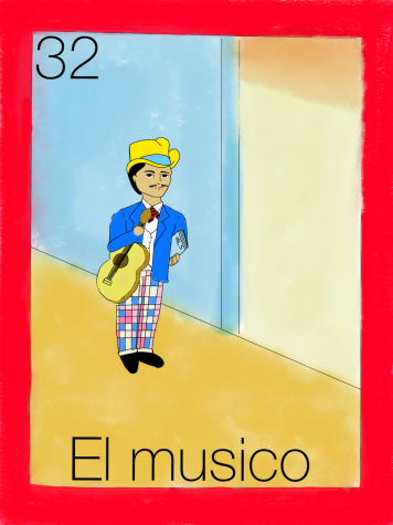 Illustration of a Lotería card symbolizing her love for music, and how we used to play together when I was younger. 